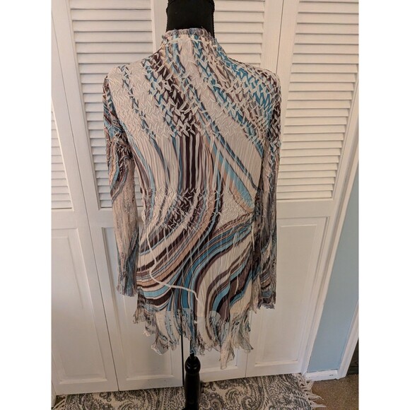 Komarov Blouse Women's M Crinkled Lace Blue Tan Vortex Abstract Art To Wear Boho - Picture 10 of 13